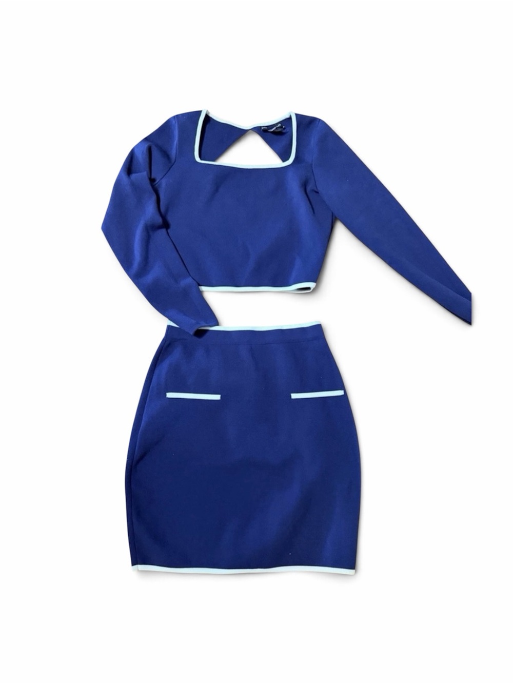 Sincerely Jules Royal Blue Long Sleeve Crop Top & Skirt Set with White Trim
